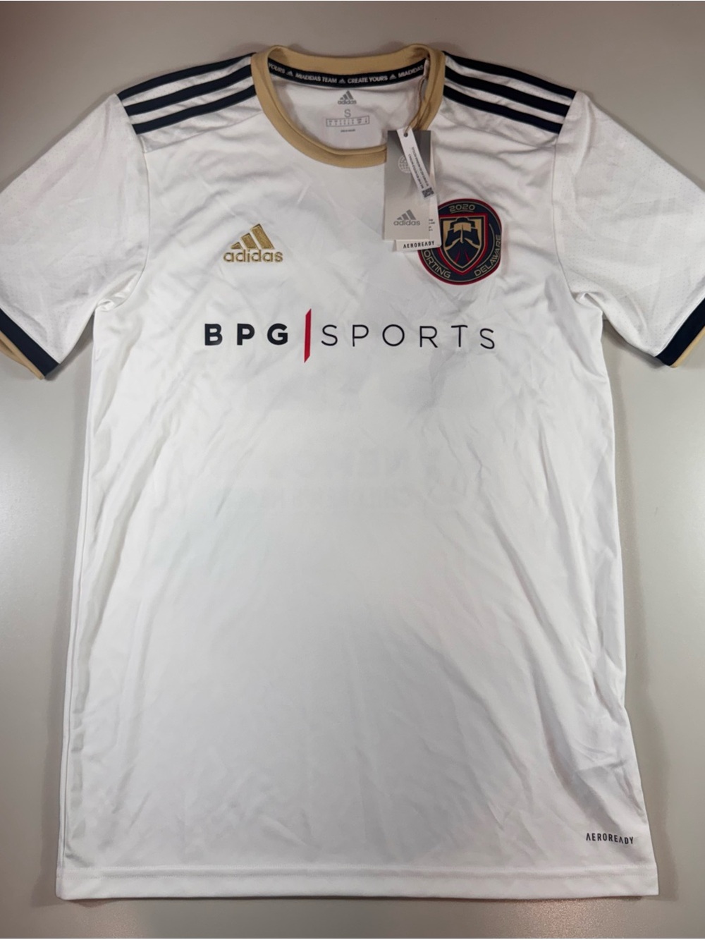 Adidas Sporting Delaware Soccer Jersey #92 White Gold Navy Size S NWT